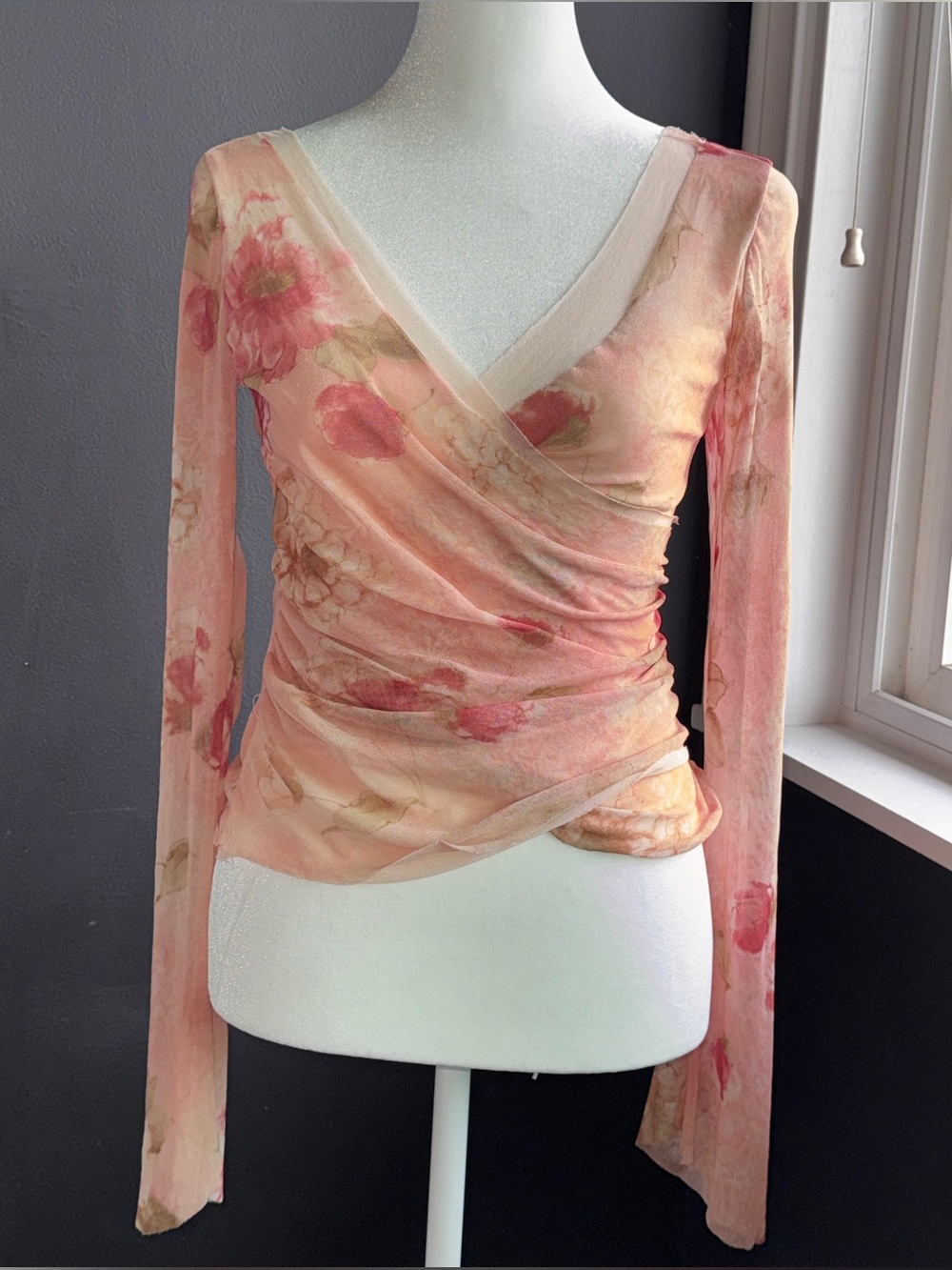 Express Peach-Pink Floral Wrap Top - Picture 2 of 6